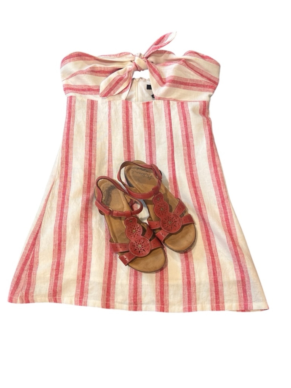 red and white striped strapless linen blend top